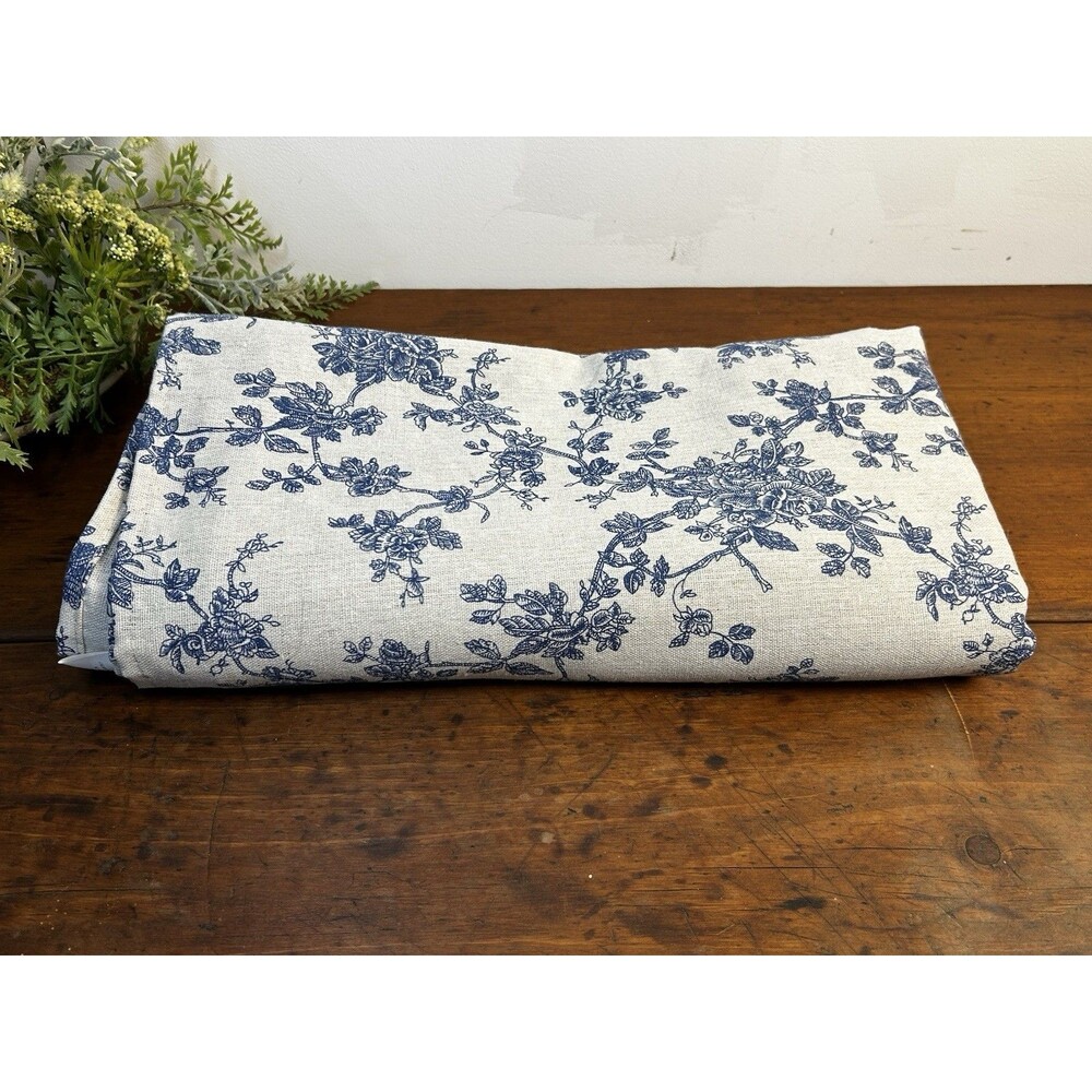 Blue Floral Polyester Tablecloth 120” X 59” Vintage-esque Cottage Minor Stains